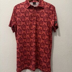 Golf Gods Polo Shirt Mens Lg Red Orange Cheeky Monkey AOP Cool Tech Performance